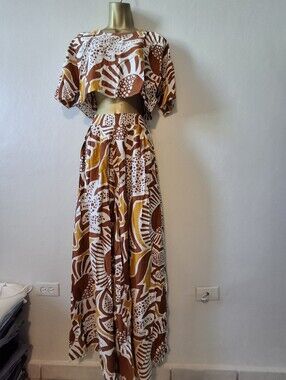 Bohemian Brown & White Two Piece Pant Set- Stylish Print